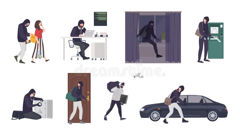 Colección de escenas con la máscara que lleva masculina del ladrón o del ladrón y la ropa negra que roban cosas del bolso de la m libre illustration Colección de escenas con la máscara que lleva masculina del ladrón o del ladrón y la ropa negra que roban cosas del bolso de la m libre illustration