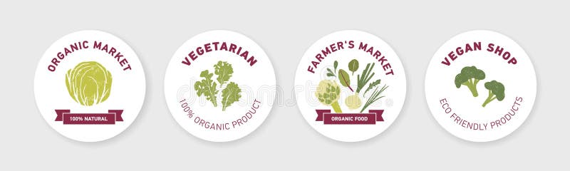 Colección de etiqueta redonda, plantillas de la etiqueta o de la etiqueta engomada con las verduras verdes, hojas frescas de la e stock de ilustración