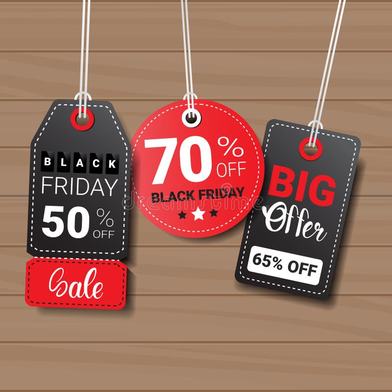 Colección de etiquetas de Black Friday en iconos texturizados de madera de las compras del fondo ilustración del vector