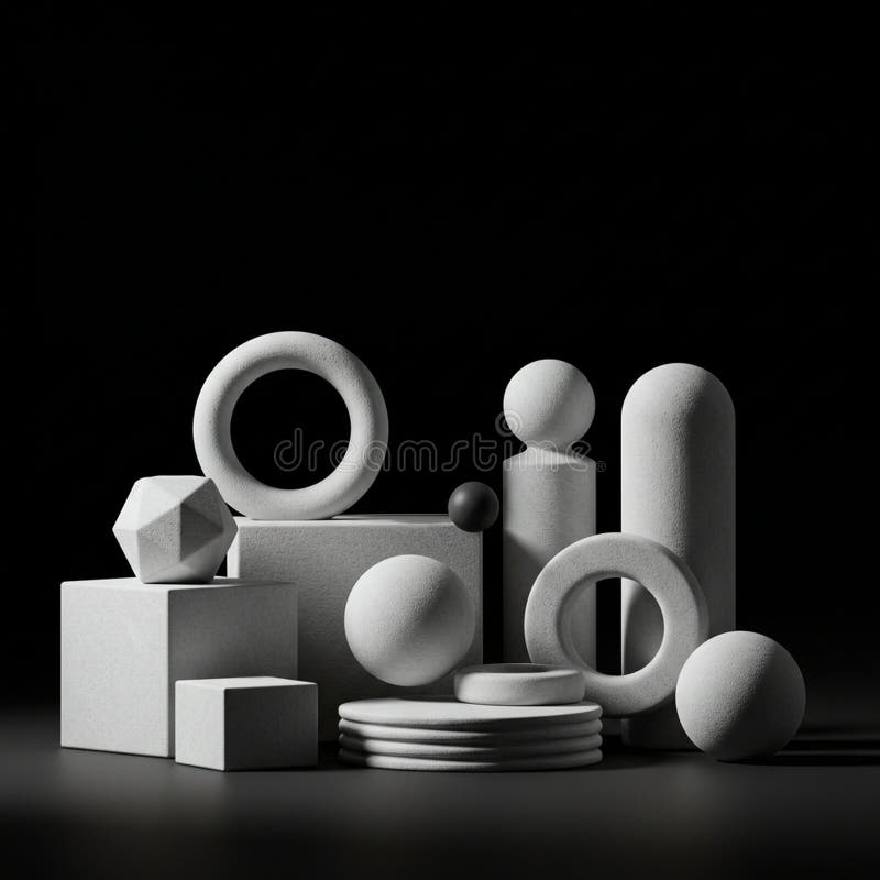 Una colección de formas geométricas dispuestas en una composición de bodegón. Incluye esferas, cilindros, cubos, un anillo y un poliedro, todos con una superficie lisa y texturizada. Los objetos son predominantemente blancos y están colocados sobre un fondo negro, creando un fuerte contraste. La iluminación resalta los contornos y las sombras de las formas, enfatizando su tridimensionalidad. La disposición muestra simetría y equilibrio, con varios tamaños y formas intrincadamente posicionados para crear interés visual.