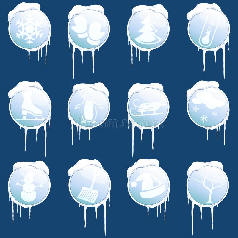 Colección de iconos brillantes redondos del invierno con el icicl libre illustration Colección de iconos brillantes redondos del invierno con el icicl libre illustration