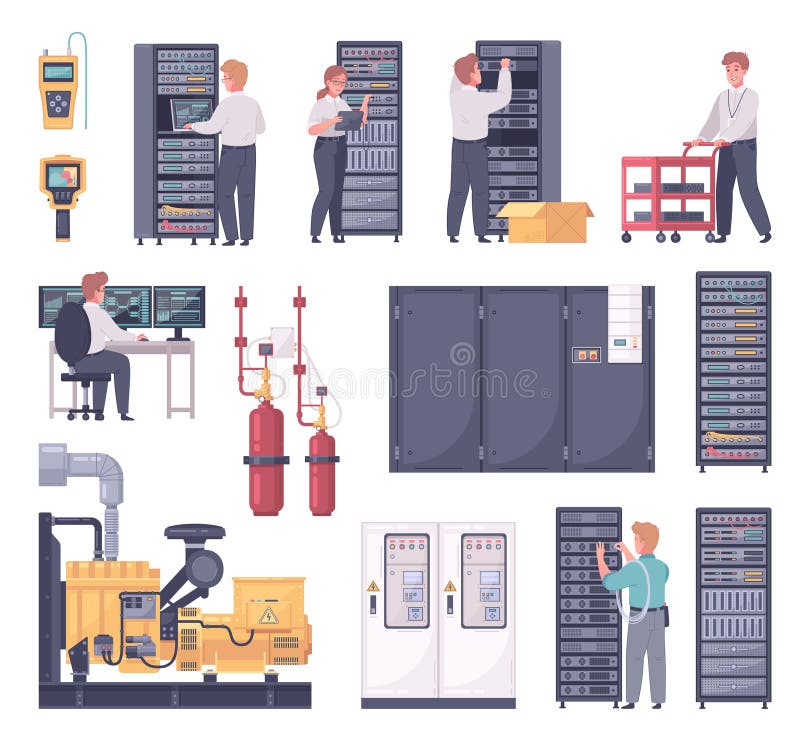 Colección de iconos de dibujos animados del centro de datos stock de ilustración