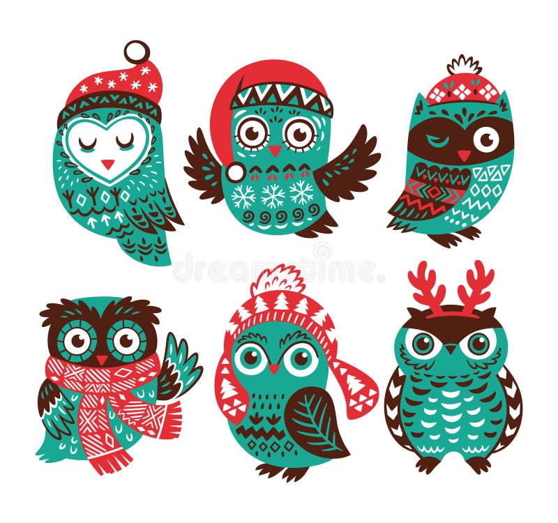 Colección de la Navidad con los pequeños búhos lindos en sombreros hechos punto ilustración del vector Colección de la Navidad con los pequeños búhos lindos en sombreros hechos punto ilustración del vector