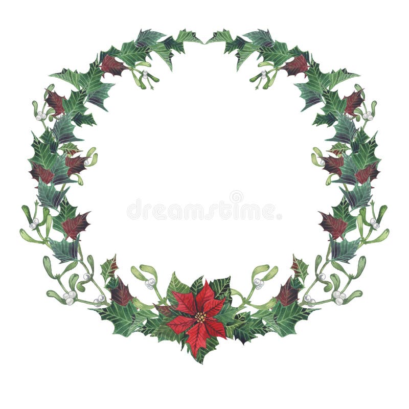 Colección de la Navidad y del Año Nuevo Guirnalda brillante con las hojas, ramas del muérdago, abeto, poinsetia Acuarela pintada libre illustration Colección de la Navidad y del Año Nuevo Guirnalda brillante con las hojas, ramas del muérdago, abeto, poinsetia Acuarela pintada libre illustration