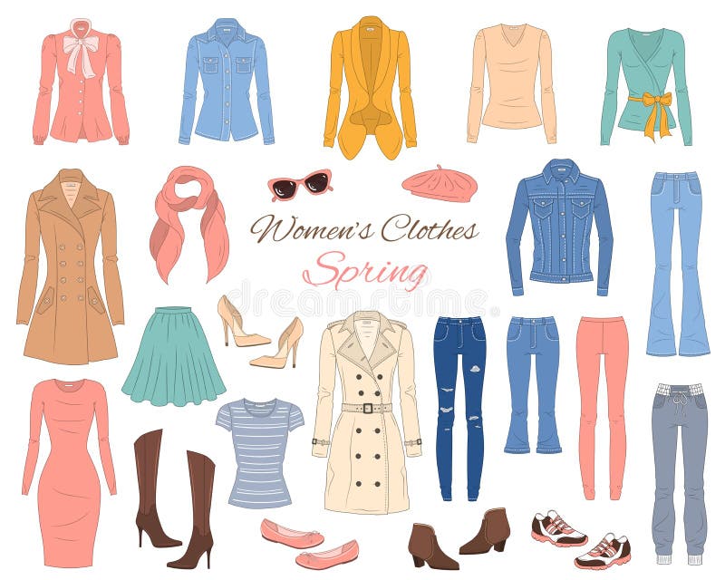 Female fashion set. Women`s clothes collection. Spring outfit dress, jeans, pants, tops, jeans jacket, trench coat, cardigan, blouse, French beret boots and sneakers vector illustration. Female fashion set. Women`s clothes collection. Spring outfit dress, jeans, pants, tops, jeans jacket, trench coat, cardigan, blouse, French beret boots and sneakers vector illustration