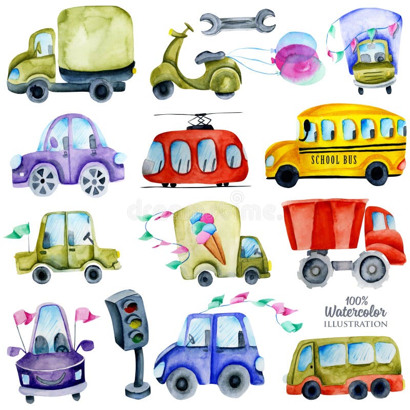 Colección de los coches y de los elementos de la acuarela, ejemplo para los niños libre illustration