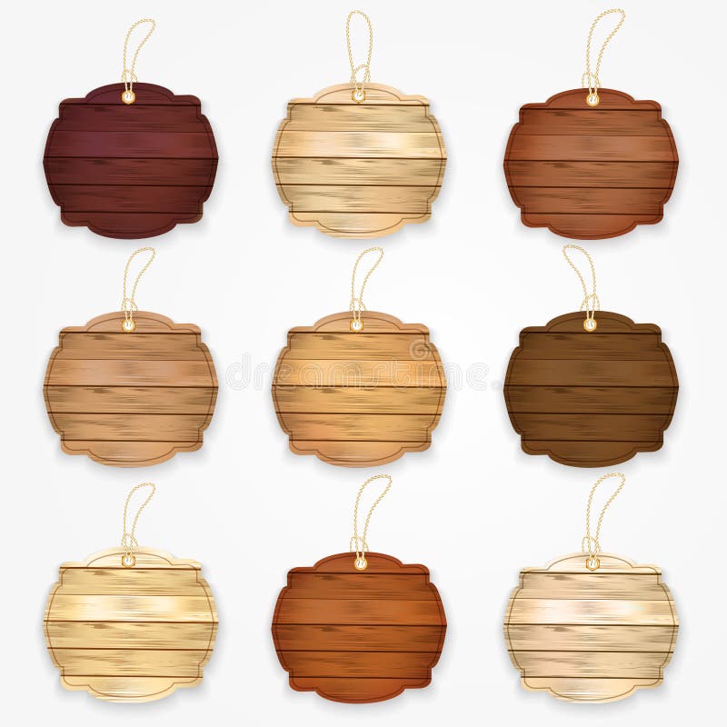 Colección de madera de las insignias Sistema de las diversas etiquetas engomadas de madera, banderas, insignias stock de ilustración
