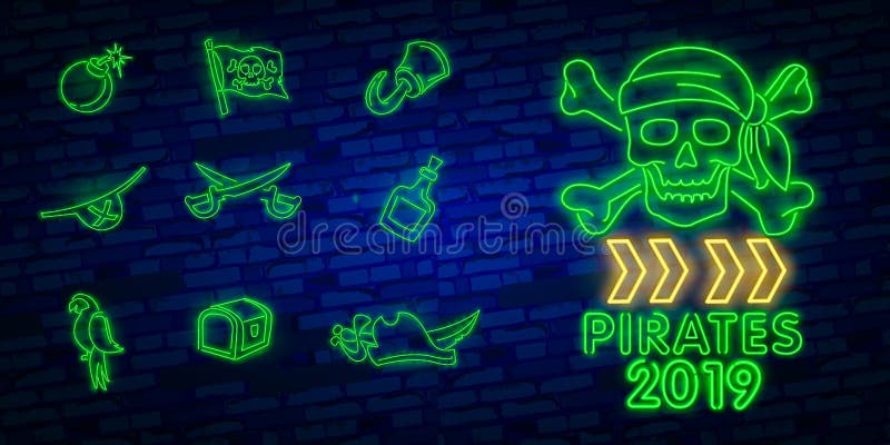 Colección de neón de los iconos de los accesorios del pirata Icono de neón de Pitate, plantilla del diseño, diseño moderno de la ilustración del vector Colección de neón de los iconos de los accesorios del pirata Icono de neón de Pitate, plantilla del diseño, diseño moderno de la ilustración del vector