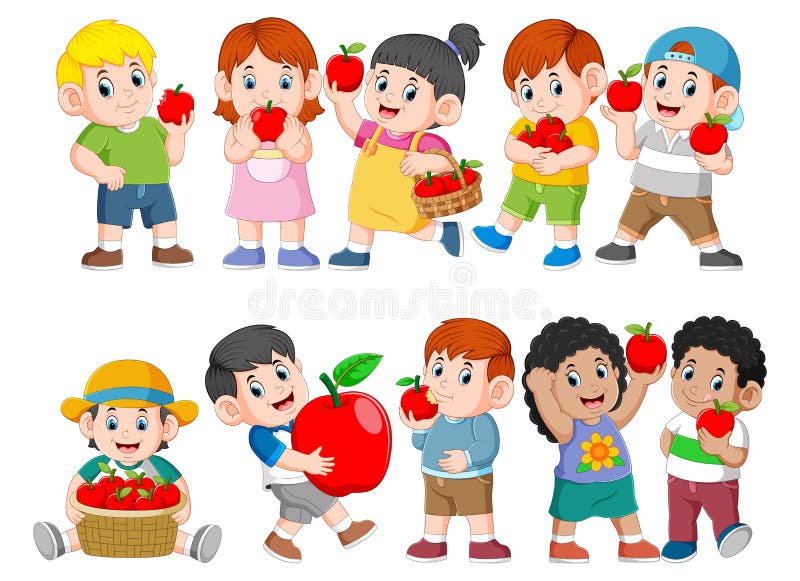 Colección de niños felices con la manzana fresca ilustración del vector Colección de niños felices con la manzana fresca ilustración del vector