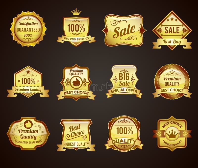 Colección de oro de los iconos de las etiquetas de las ventas ilustración del vector Colección de oro de los iconos de las etiquetas de las ventas ilustración del vector