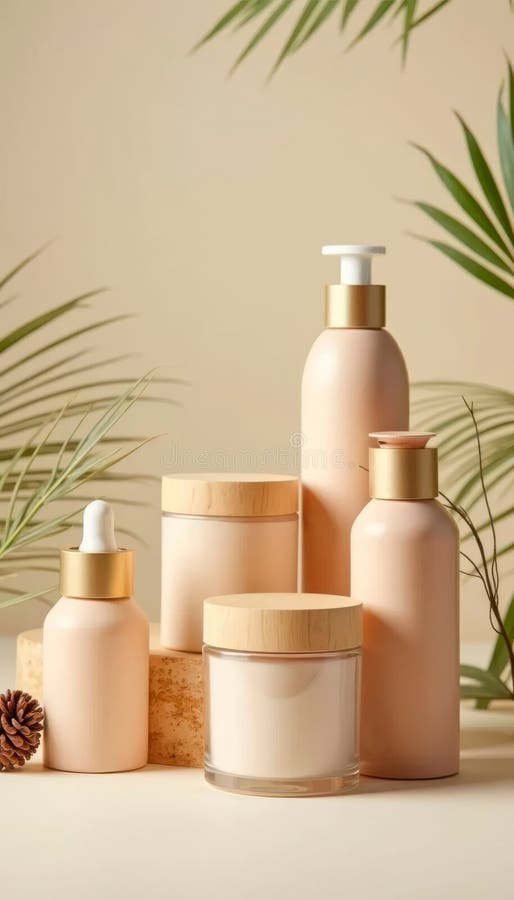 Colección de productos de belleza ecológicos en envases sostenibles con materiales de bambú y vidrio que promueven una libre illustration