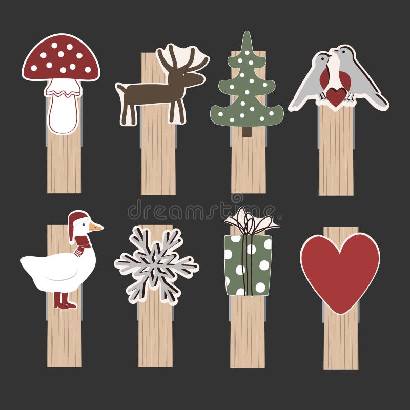 Colección de puntas de madera pequeña. conjunto de telas decoradas en invierno. elemento de diseño de ánimo de navidad aislado. ve ilustración del vector