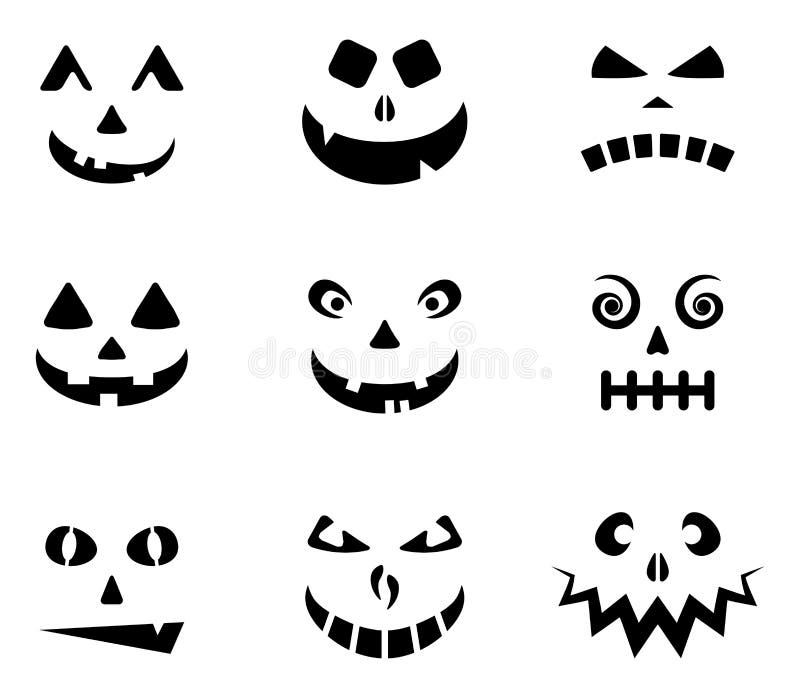 Colección de siluetas de caras talladas de halloween. jack o lantern temible emociones cartografía vector aislado en blanco. conju