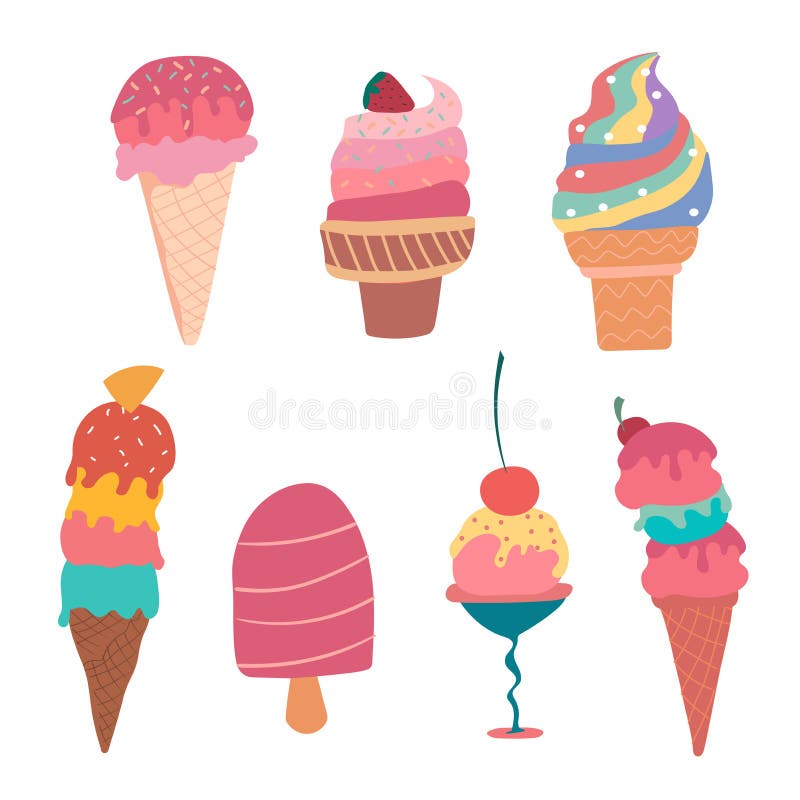 Colección de verano en colores pastel dibujada mano del cono de helado