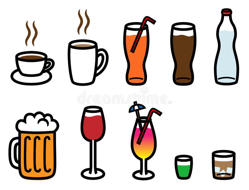 Cartoon vector illustration of alcohol, soft drinks and hot drinks. Cartoon vector illustration of alcohol, soft drinks and hot drinks