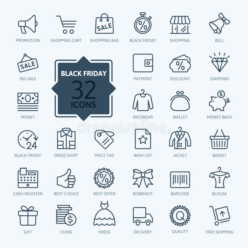 Colección del icono del esquema - Black Friday ilustración del vector Colección del icono del esquema - Black Friday ilustración del vector