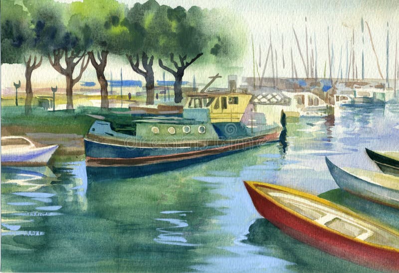 Watercolor Landscape Collection: Boats, watercolor. Watercolor Landscape Collection: Boats, watercolor