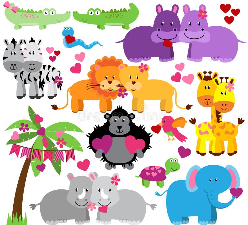 Colección del vector de animales lindos del parque zoológico del día de tarjetas del día de San Valentín stock de ilustración Colección del vector de animales lindos del parque zoológico del día de tarjetas del día de San Valentín stock de ilustración