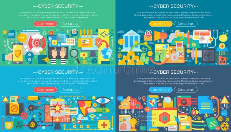 Colección del vector de sistema cibernético plano de los conceptos de diseño de la seguridad Servicio de datos de la nube, protec libre illustration Colección del vector de sistema cibernético plano de los conceptos de diseño de la seguridad Servicio de datos de la nube, protec libre illustration