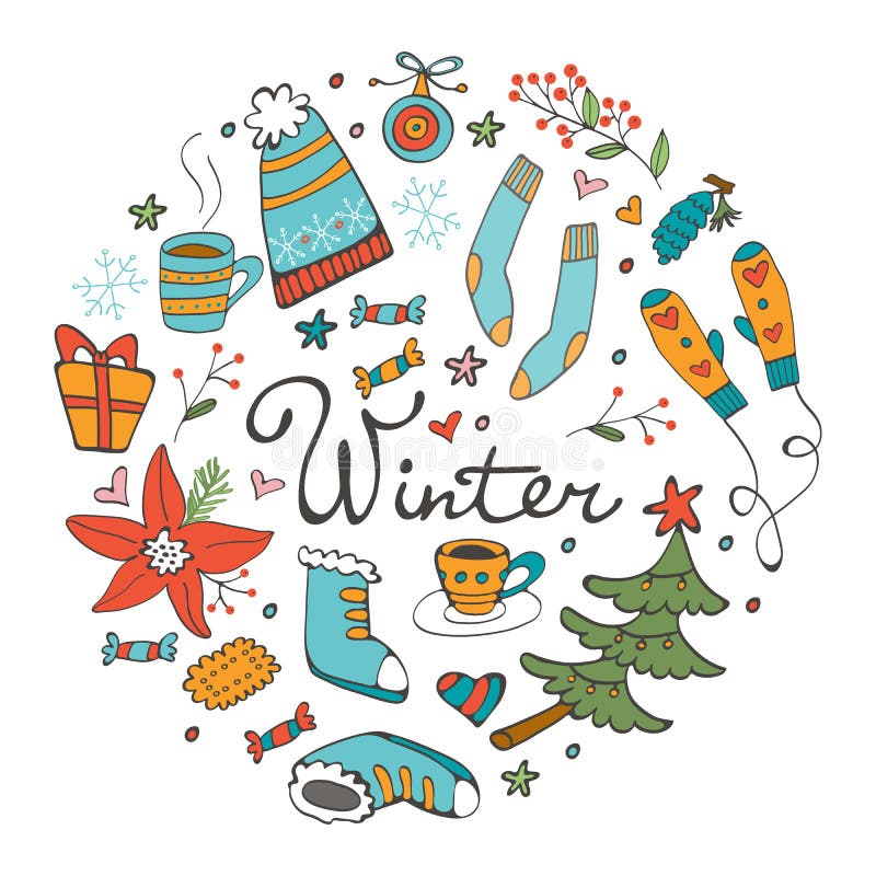 Colección dibujada mano colorida del invierno en la composición redonda Ejemplo en formato del vector stock de ilustración Colección dibujada mano colorida del invierno en la composición redonda Ejemplo en formato del vector stock de ilustración