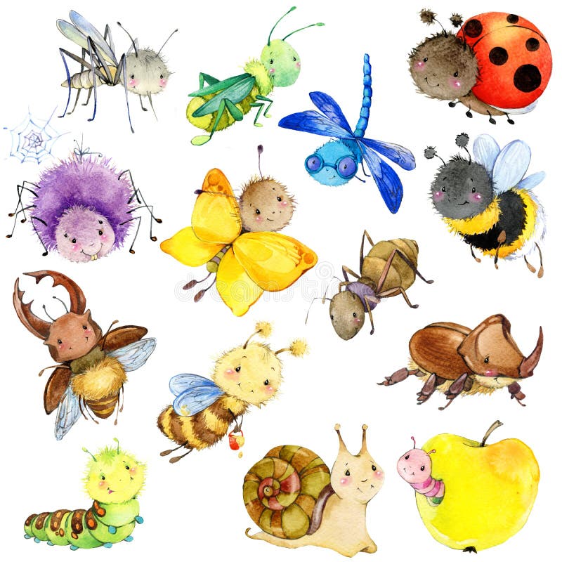 Colección divertida de los insectos Insecto de la historieta de la acuarela
