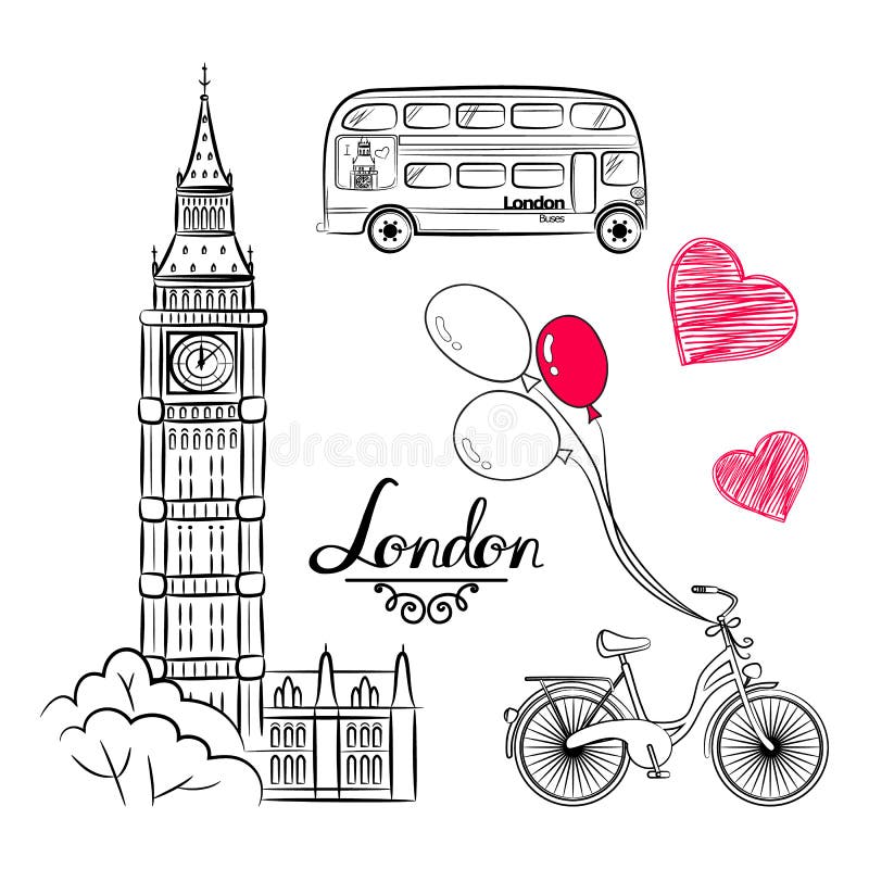 Colección famosa de la señal del bosquejo de la mano: Ben London grande, Inglaterra, bici, globos