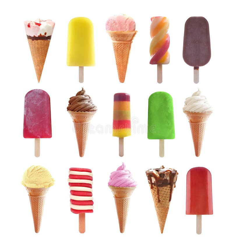 Various icecream, ice lollies and popsicles as a collection over a white background. Various icecream, ice lollies and popsicles as a collection over a white background