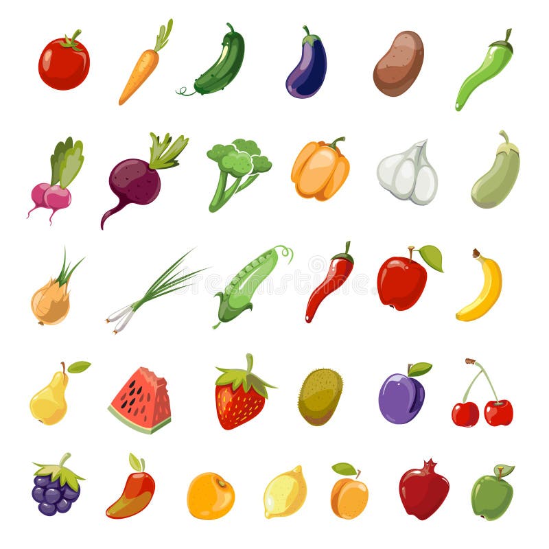 Colección grande sana orgánica de los iconos del vector de la fruta y verdura de la historieta