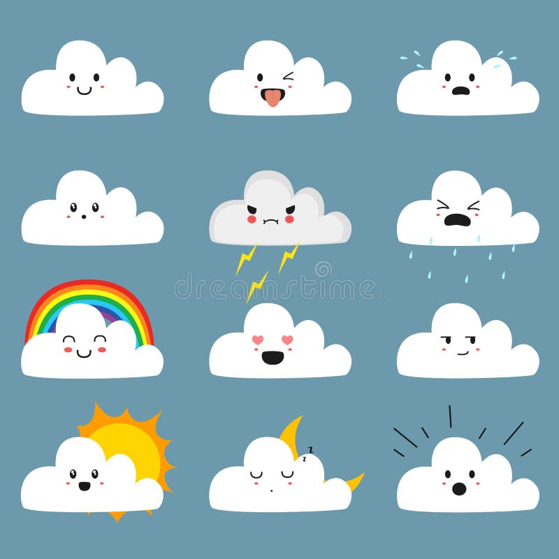 Colección linda del vector de Emojis de la nube stock de ilustración Colección linda del vector de Emojis de la nube stock de ilustración