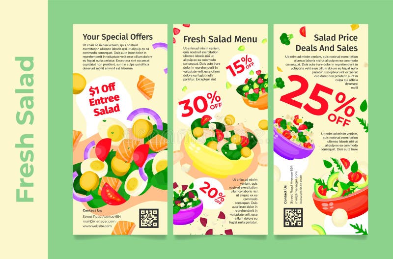 Colección menú de ensaladas frescas oferta especial vectorial apetitoso vitaminas sanas mezcla de verduras ilustración del vector