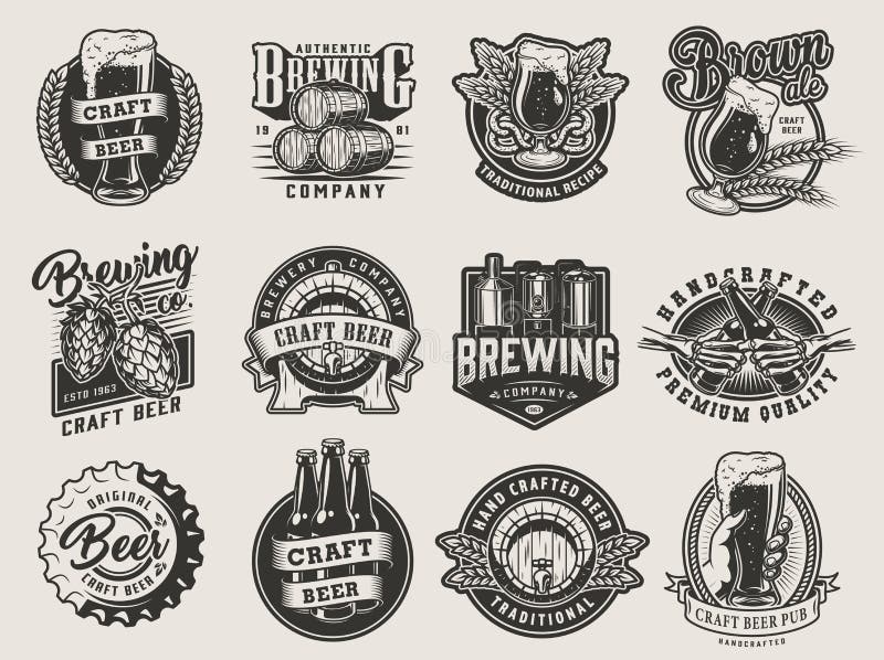 Vintage monochrome beer designs collection with brewing labels emblems prints and badges on light background isolated vector illustration. Vintage monochrome beer designs collection with brewing labels emblems prints and badges on light background isolated vector illustration