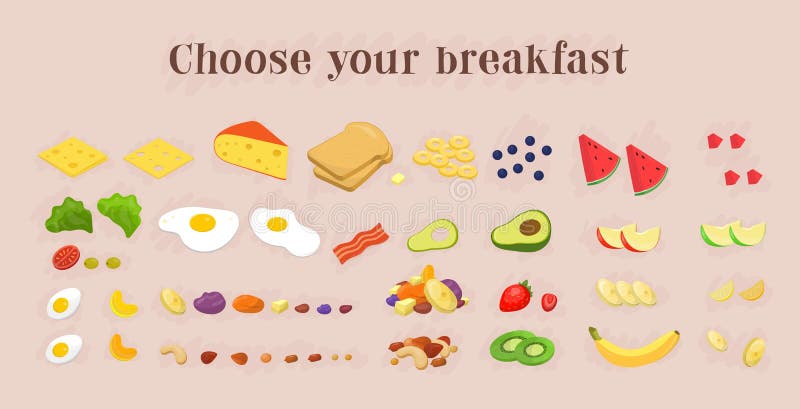 Colección sana de los iconos de la comida de desayuno frutas y bayas, nuez stock de ilustración Colección sana de los iconos de la comida de desayuno frutas y bayas, nuez stock de ilustración