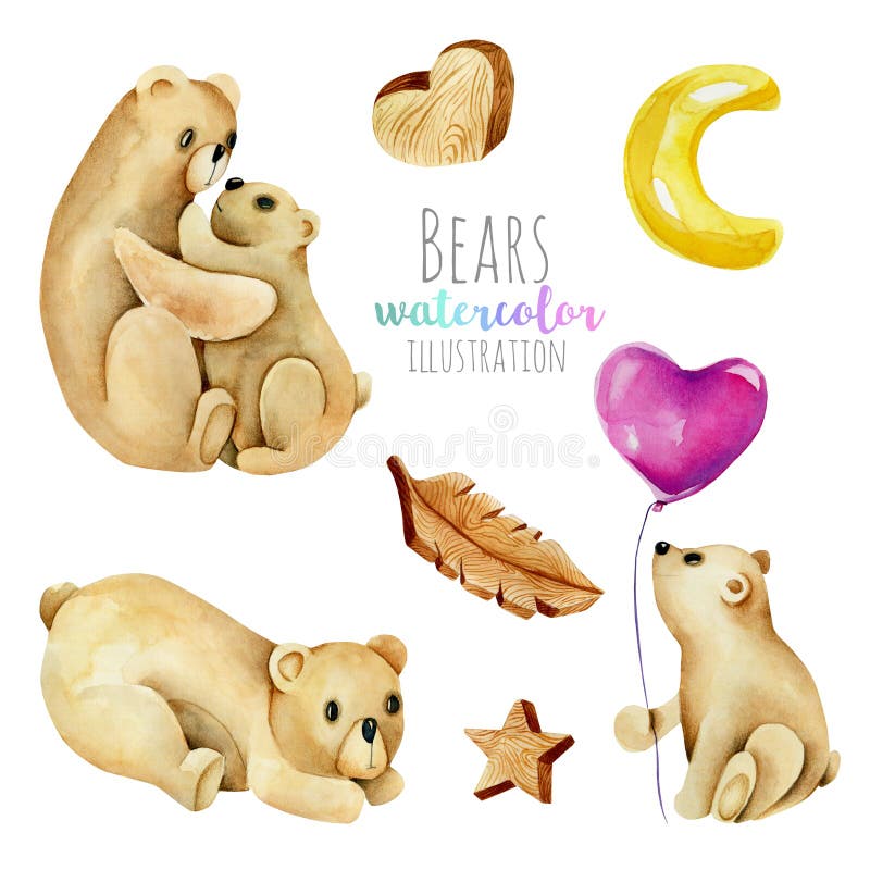 Colección, sistema de osos lindos de la acuarela y wodden ejemplos de los elementos stock de ilustración