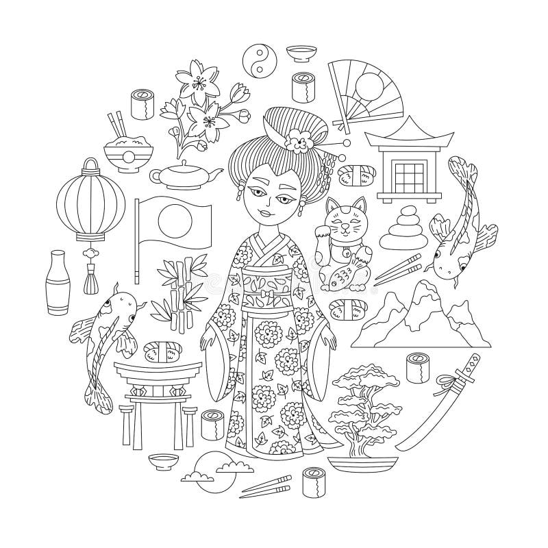 Colección tradicional japonesa de los iconos y de los iconos del carácter del geisha stock de ilustración Colección tradicional japonesa de los iconos y de los iconos del carácter del geisha stock de ilustración