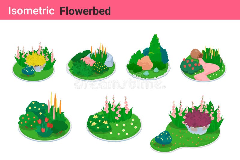 Colección vectorial plana de lecho de flores isométricas Bed jardín Elementos de diseño paisajístico de lecho florido