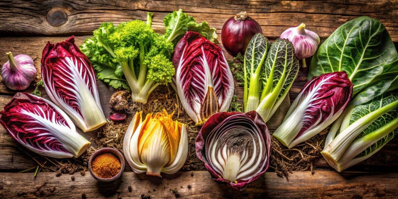 Colección vibrante de verduras frescas y coloridas sobre una superficie rústica de madera que exhibe el césped de radicchio y otro stock de ilustración