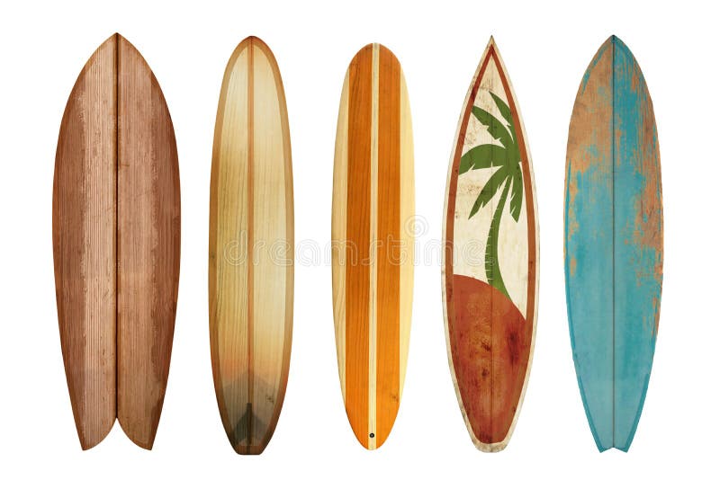 Colección vintage madera tabla de surf aislado