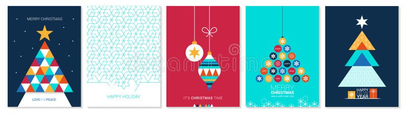 Colectarea cardurilor de întâmpinare geometrice decorate de Crăciun. cinci șabloane de design pentru vectori colorați stock illustration