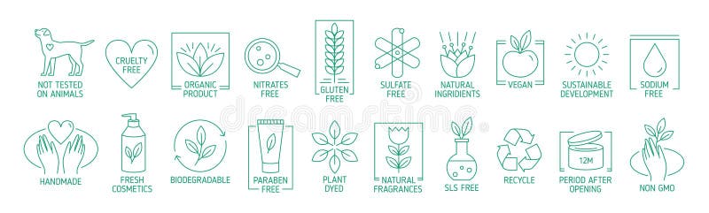 Colectarea simbolurilor liniare sau a ecusoanelor pentru produsele cosmetice ecologice naturale obținute manual; și royalty free illustration