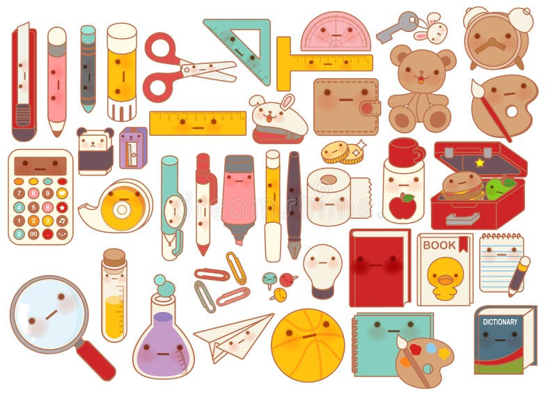 Colecția de minunați papetărie pentru copii, doodle, pictogramă drăguță, creion adorabil, ursuleț dulce, cutie de prânz, carnet ka stock illustration