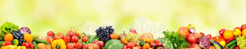 Colecția panoramică de fructe și legume proaspete pe fond galben. stock illustration