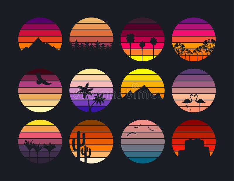 Colecție de apus în stil retro pentru banner sau imprimare. apusuri de epocă în culori diferite, cu munți și palmieri royalty free illustration