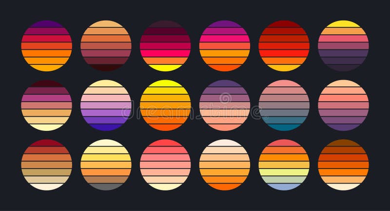 Colecție de apus în stilul retro 70 și 80. apusuri de epocă în culori diferite. cercuri cu dungi în diferite culori. vector royalty free illustration