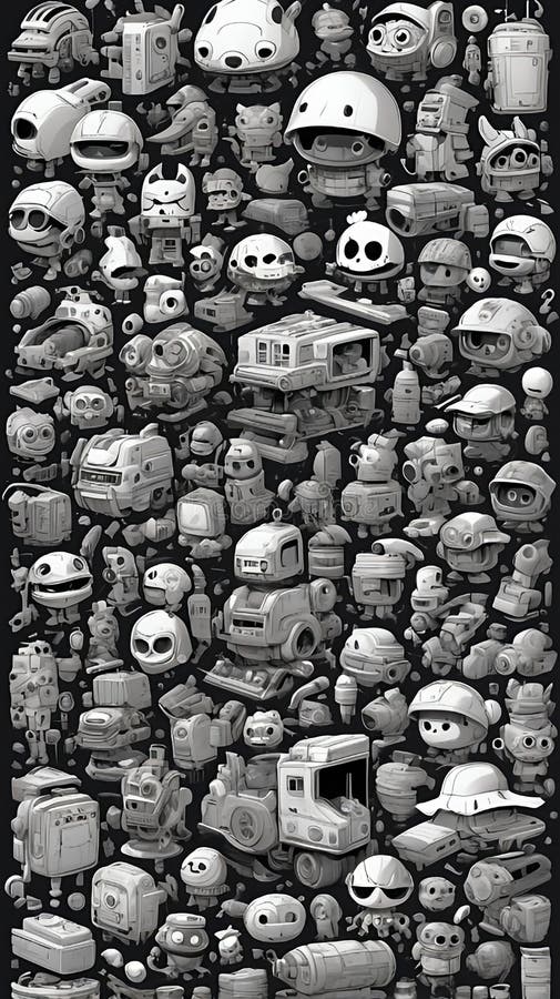 Colecție de caractere robot în tonuri de gri stock illustration