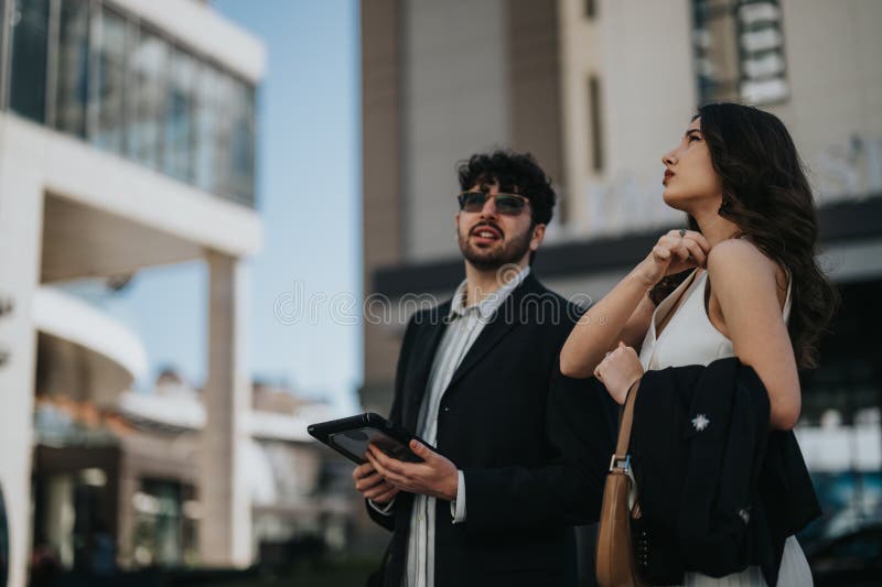 Two business professionals are engaged in analyzing and discussing statistics on a digital tablet with an urban cityscape backdrop. Two business professionals are engaged in analyzing and discussing statistics on a digital tablet with an urban cityscape backdrop.