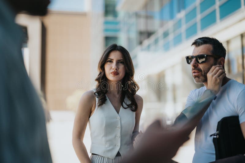 Two professionals in smart attire engaging in a discussion outside a modern building. Two professionals in smart attire engaging in a discussion outside a modern building.