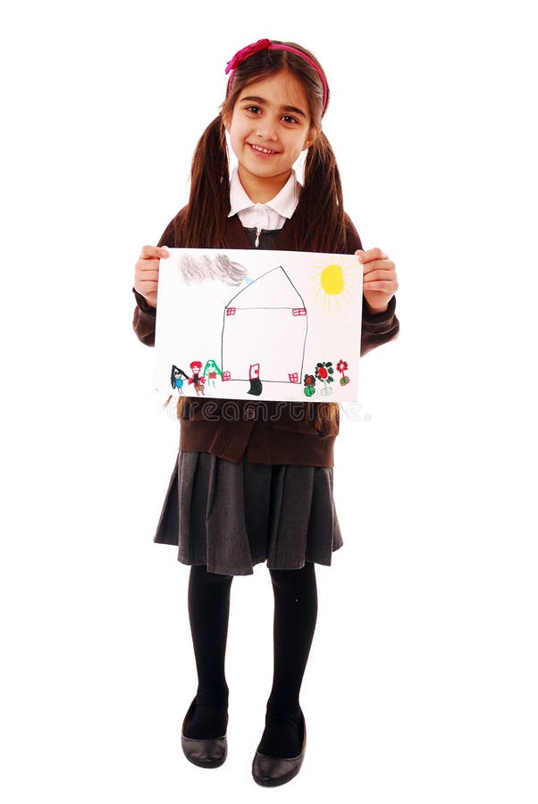 Proud schoolkid holding her picture isolated on white. Proud schoolkid holding her picture isolated on white