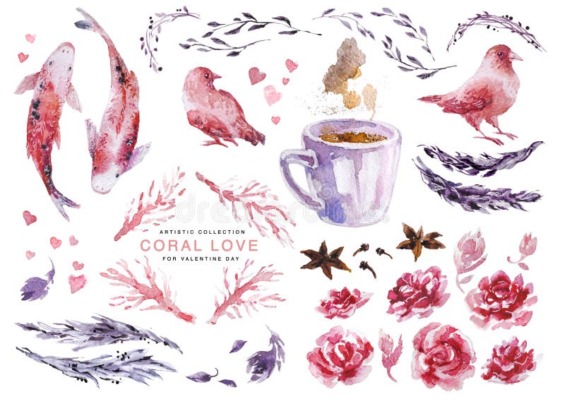 Artistic watercolor collection of love elements for Valentine day & wedding celebration cards, posters, prints, leaflets - fish ,birds couple, coral plant brunches, leaves, hearts set, hot coffee cup. Artistic watercolor collection of love elements for Valentine day & wedding celebration cards, posters, prints, leaflets - fish ,birds couple, coral plant brunches, leaves, hearts set, hot coffee cup.