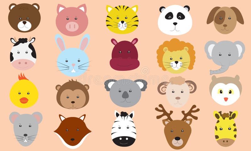 Coleção vetorial de ícones de rostos de animais fofos ilustração do vetor