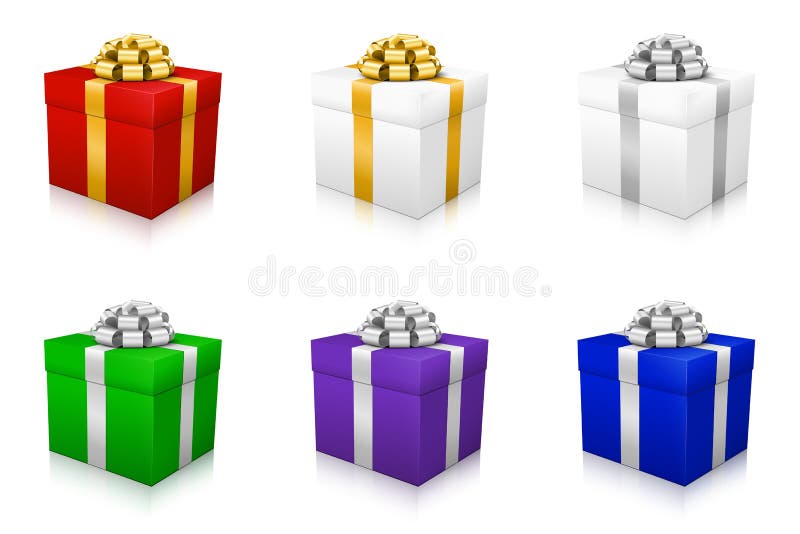 Coleção colorida da caixa de presente do vetor 3D com o Co dourado e de prata ilustração do vetor Coleção colorida da caixa de presente do vetor 3D com o Co dourado e de prata ilustração do vetor
